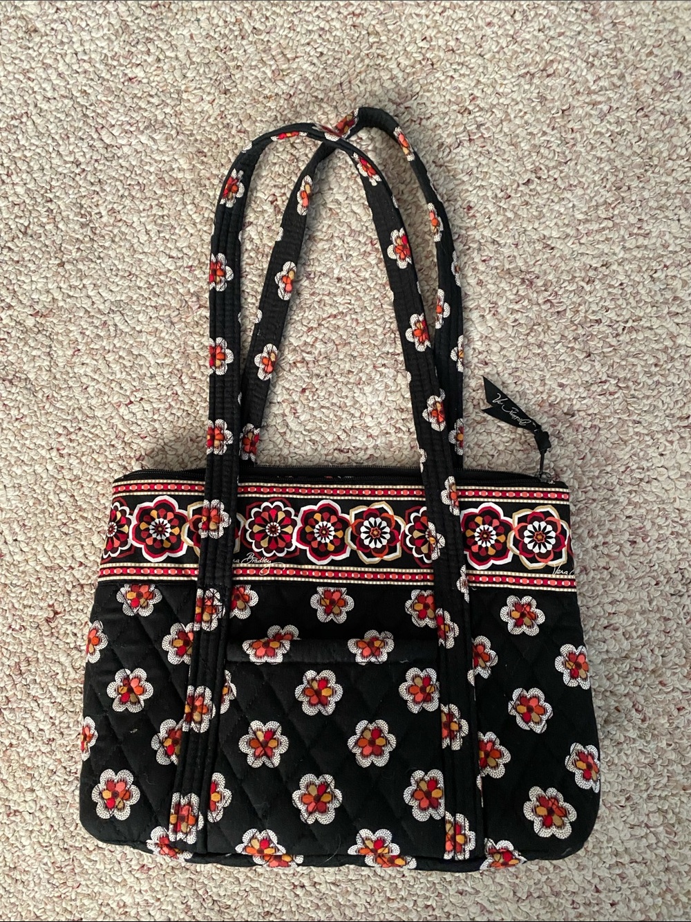 Vera Bradley Black Floral Quilted Mini Tote with Red and White Accents